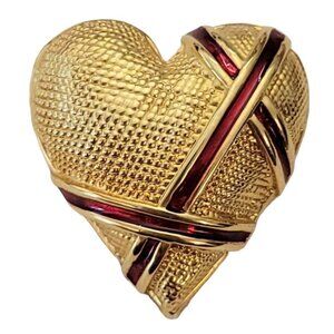 Garnay Gold Tone Red Enamel Heart Pin Brooch Pendant, Signed E960
